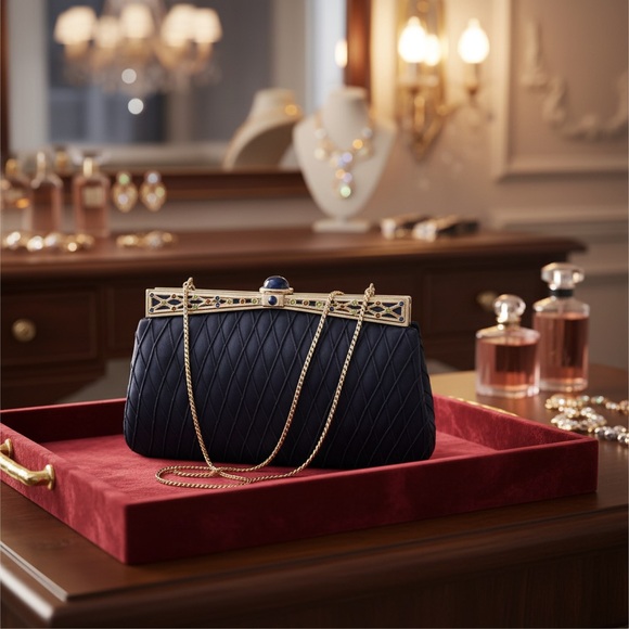 Judith Leiber Handbags - Judith Leiber navy blue Quilted Clutch with Gold Chain